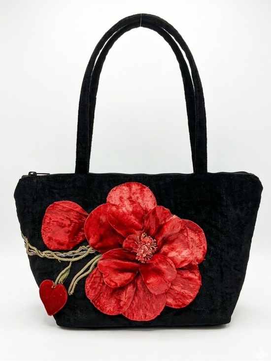 Bonnie martin Handbags - Bonnie Martin Vintage Black Velvet Poppy Flower Shoulder Tote Bag Wearable Art